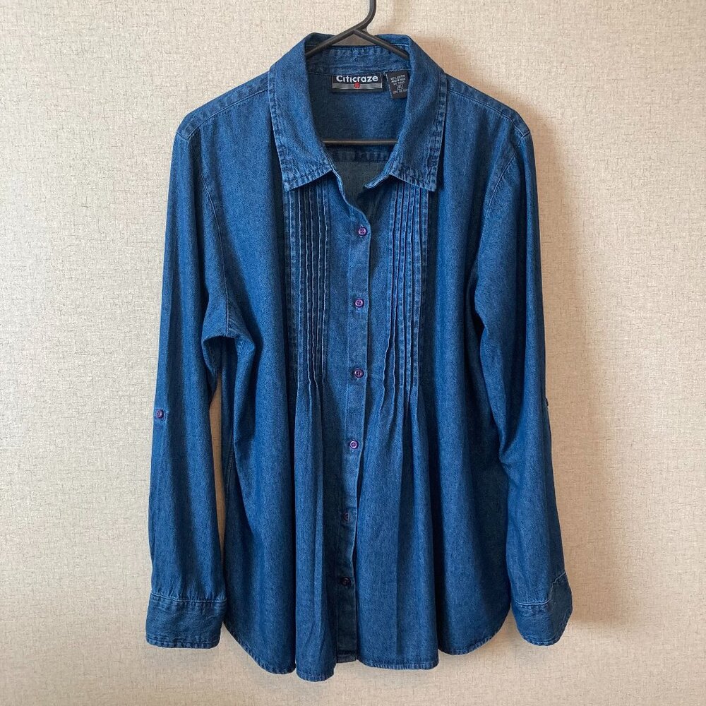 Citicraze Blue Denim Button-Up Shirt XL-Pleated Front, 100% Cotton